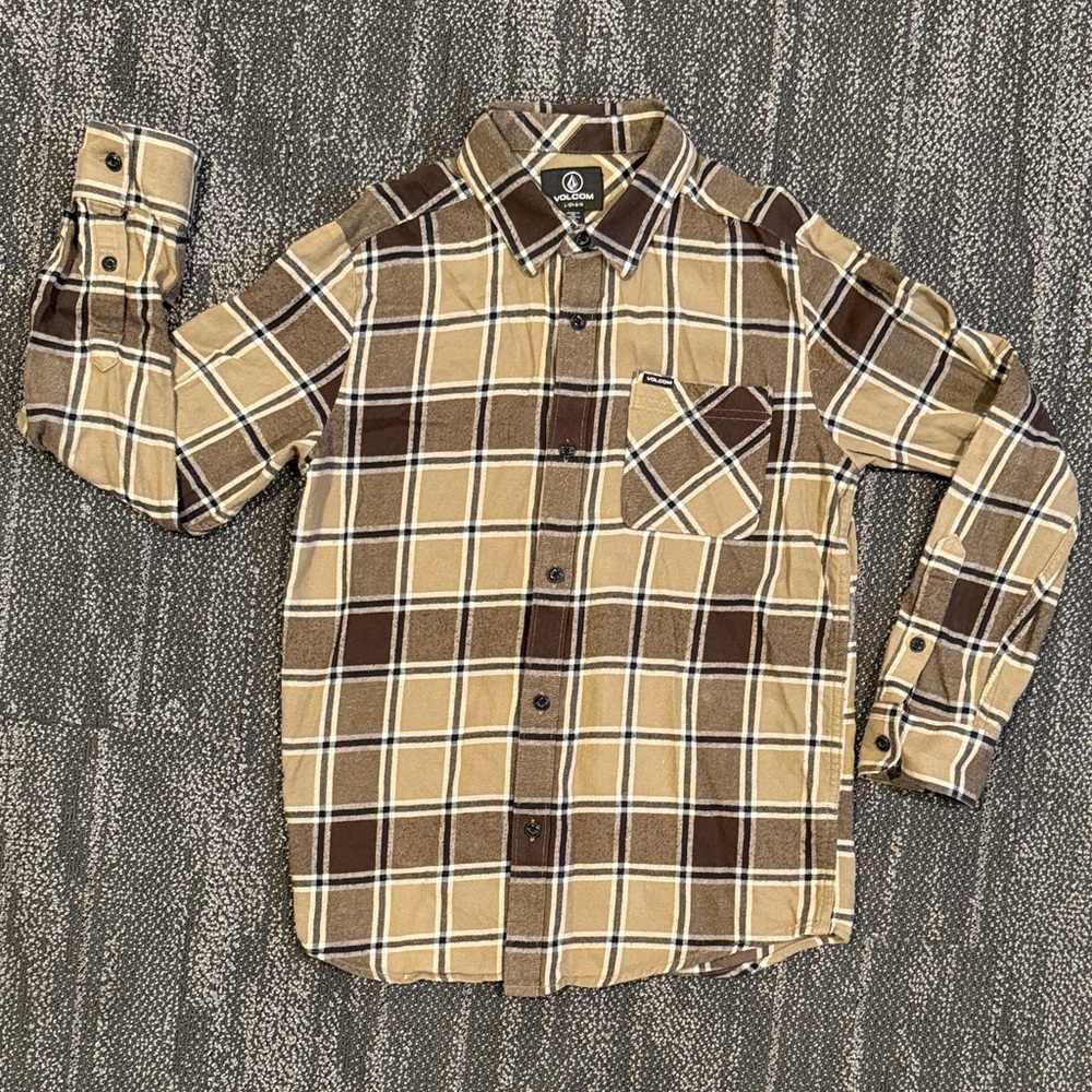 Volcom Boys Plaid Shirt in Brown and Tan